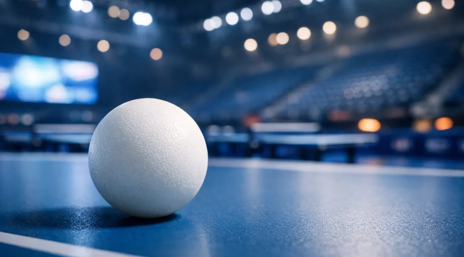 Salle de compétition WTT avec tables de tennis de table et éclairage professionnel