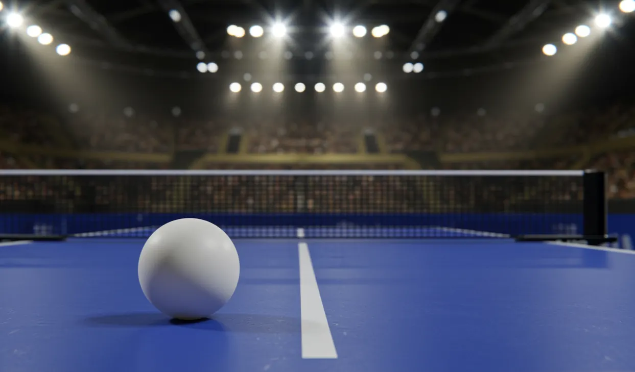 Table de tennis de table dans une salle de compétition avec éclairage professionnel