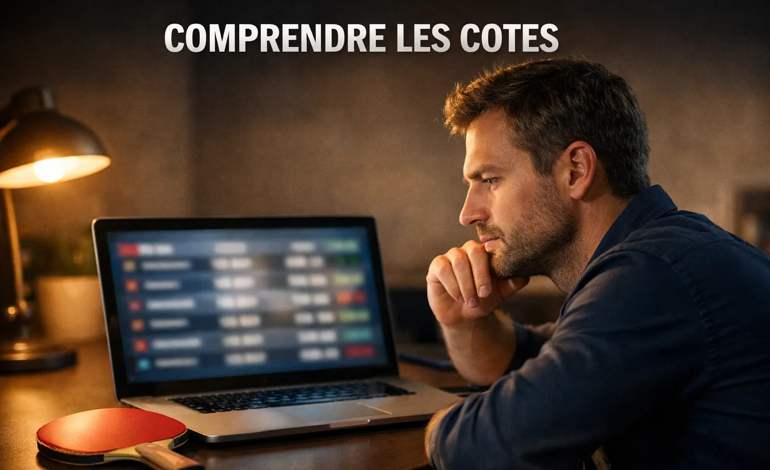 Joueur de tennis de table analysant un tableau de cotes sur un écran