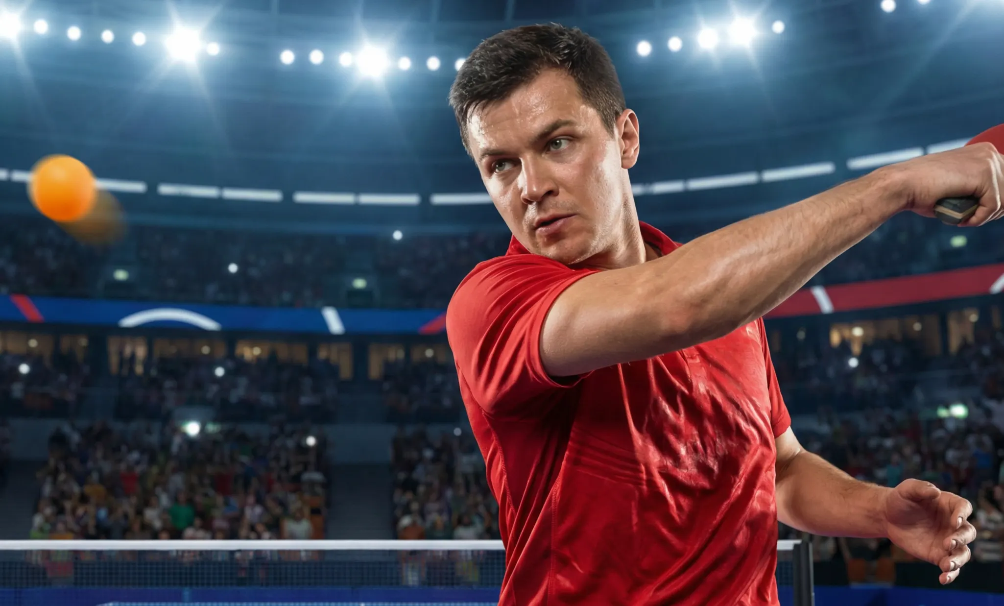 Joueur de tennis de table portant un maillot rouge en compétition internationale