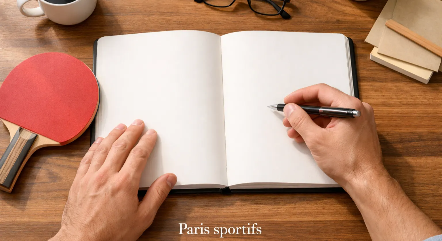 Personne notant sa gestion de bankroll dans un carnet à côté d'une raquette de ping pong