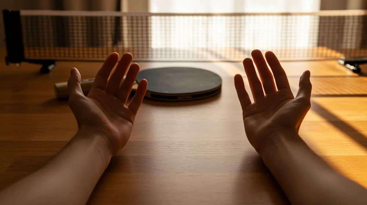 Mains posées calmement sur une table à côté d'une raquette de tennis de table symbolisant le contrôle