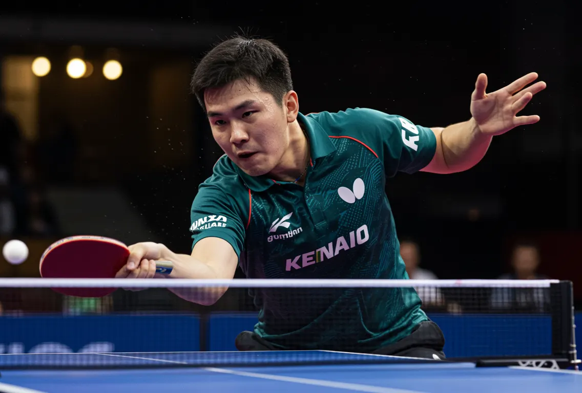 Pongiste professionnel executant un top spin lors d'un match de competition internationale