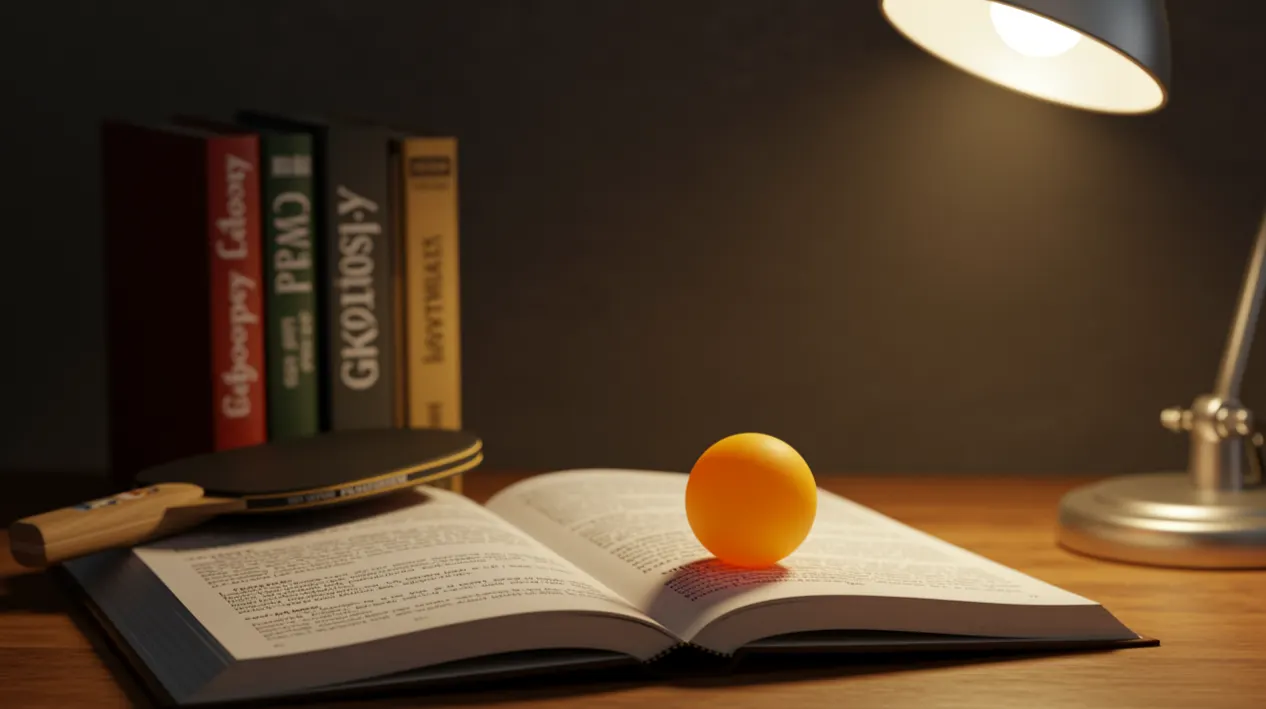 Livre ouvert avec un glossaire de termes de paris sportifs et une balle de ping pong
