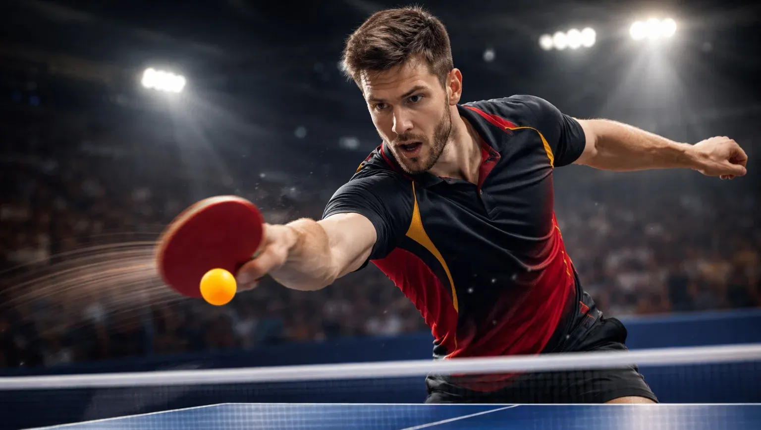 Joueur professionnel de tennis de table en action lors d'un smash puissant