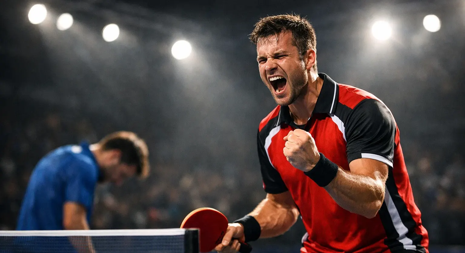 Joueur de tennis de table célébrant sa victoire au bord de la table