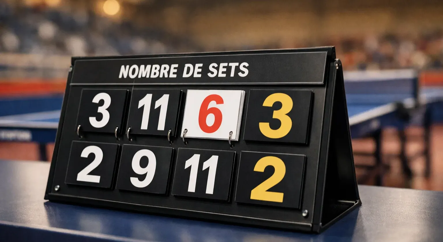 Tableau d'affichage d'un match de tennis de table montrant le score par sets