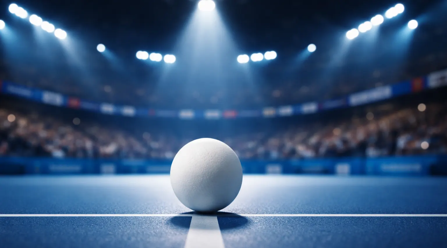 Arène des Championnats du monde de tennis de table avec tribune et éclairage spectaculaire