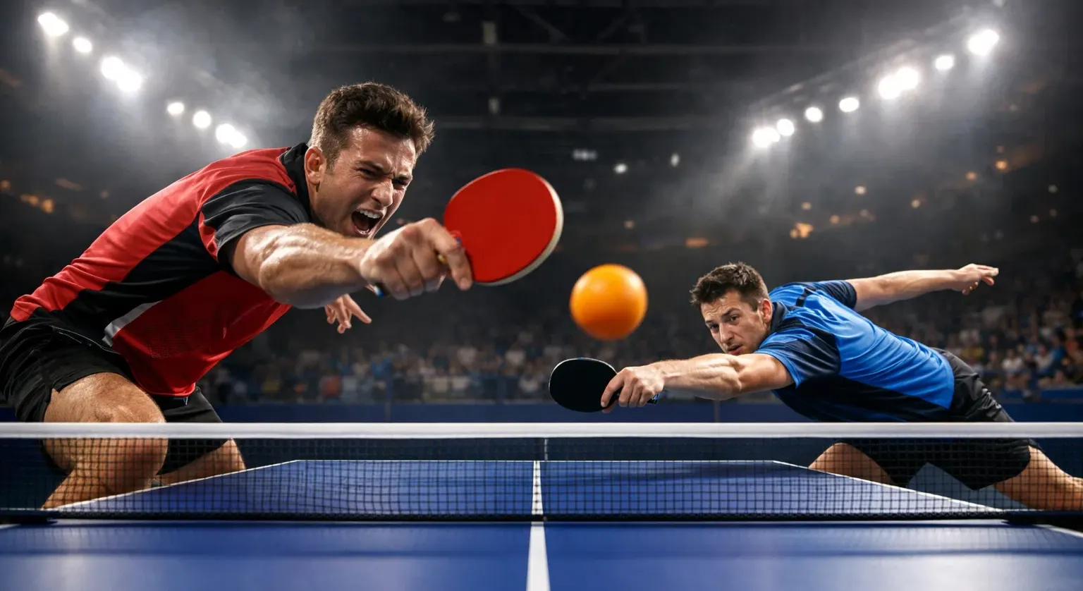 Match de tennis de table avec un joueur dominant l'échange illustrant le concept de handicap