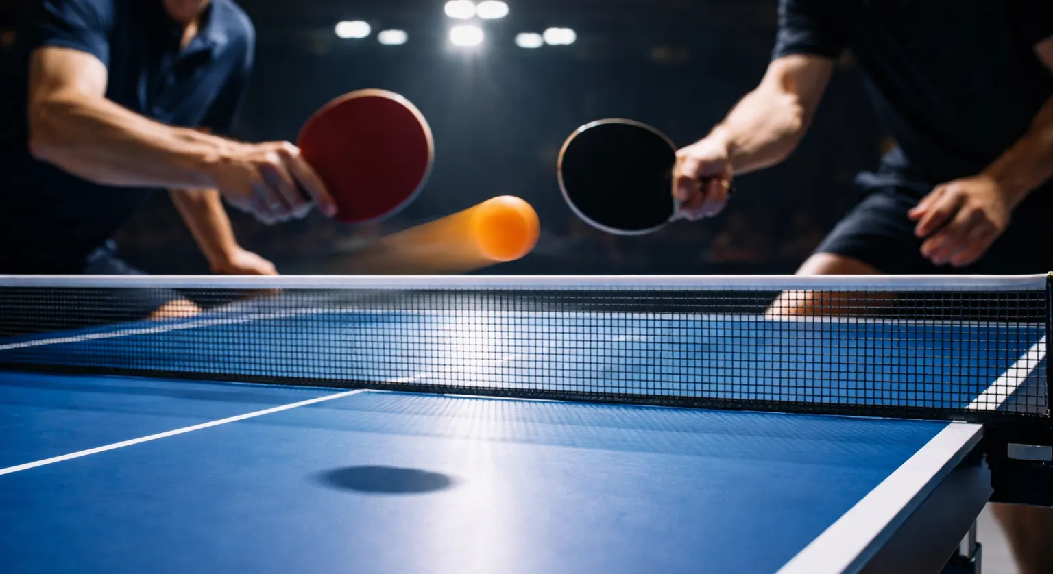 Échange de tennis de table rapide avec la balle en mouvement sur une table bleue
