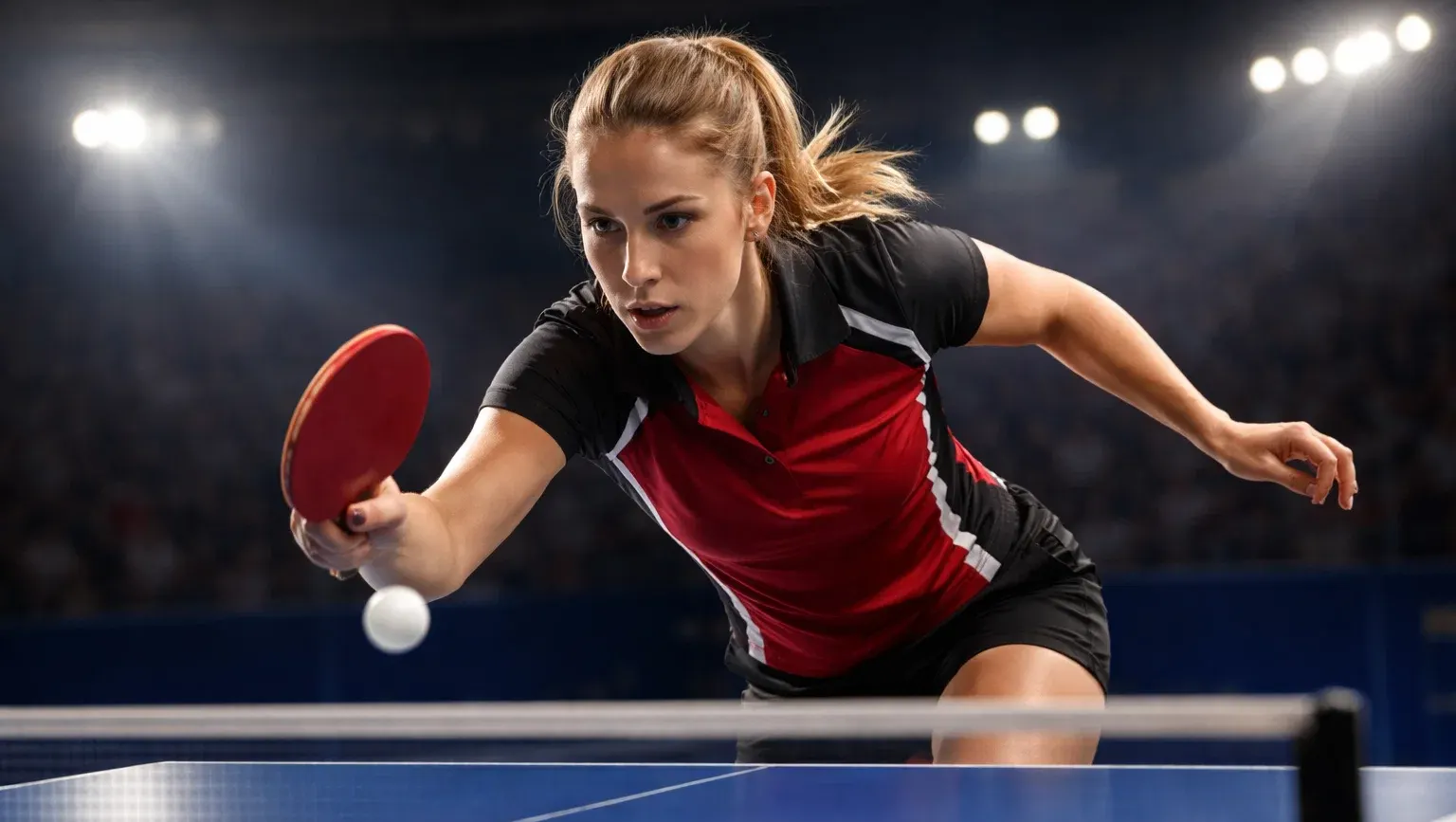 Joueuse de tennis de table en compétition avec concentration intense