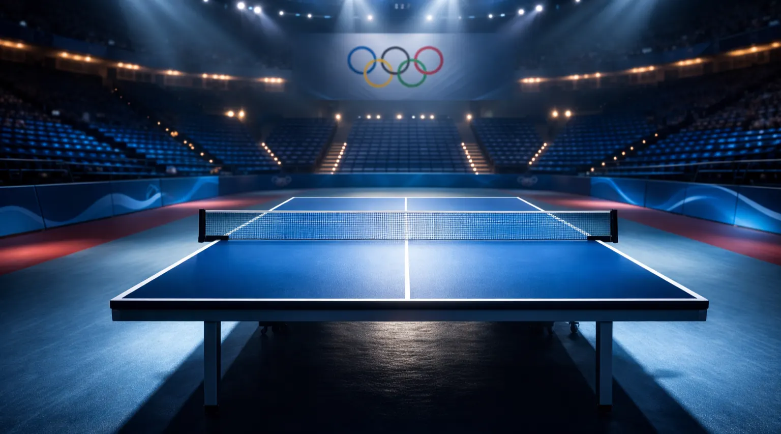 Table de tennis de table dans un cadre olympique avec les anneaux en arrière-plan